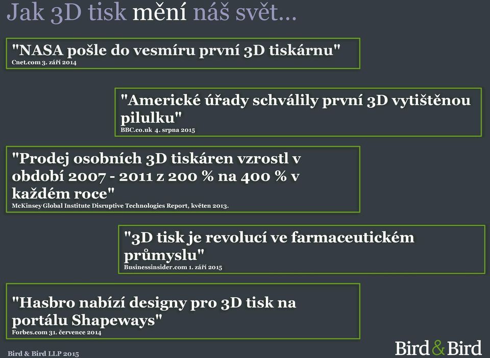 srpna 2015 "Prodej osobních 3D tiskáren vzrostl v období 2007-2011 z 200 % na 400 % v každém roce" McKinsey Global