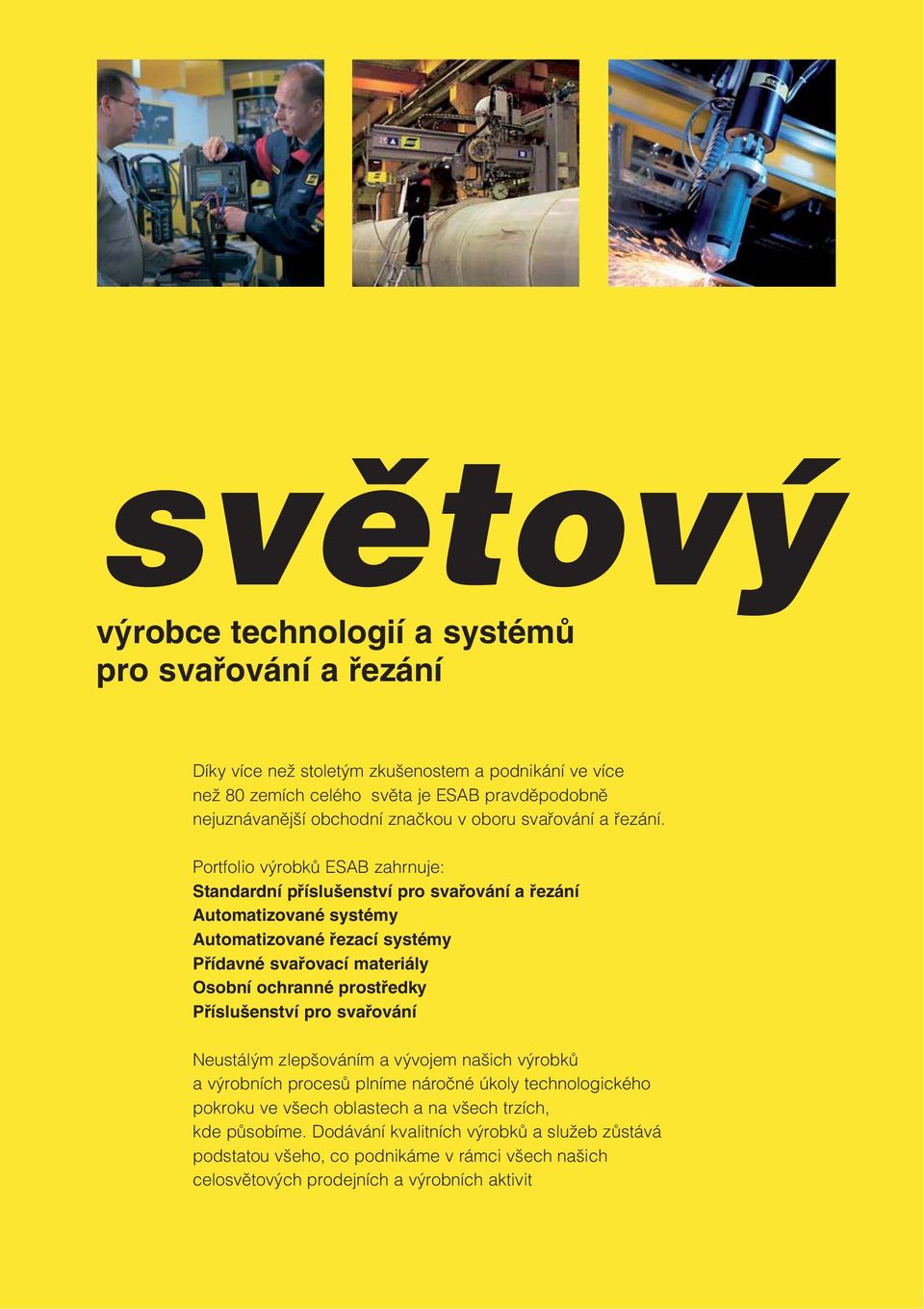 Portfolio výrobků ESAB zahrnuje: Standardní příslušenství pro svařování a řezání Automatizované systémy Automatizované řezací systémy Přídavné svařovací materiály Osobní ochranné