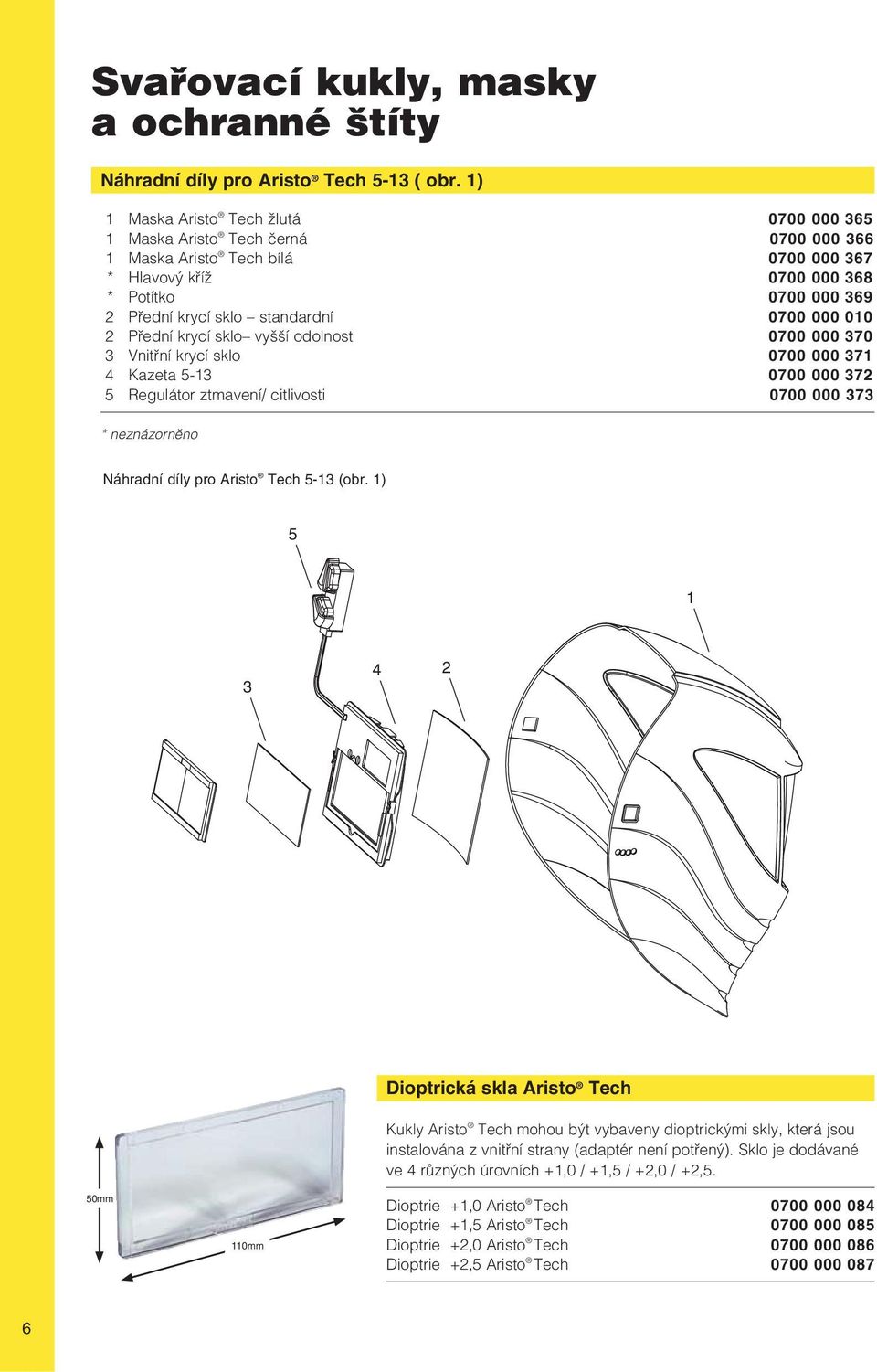 standardní 0700 000 010 2 Přední krycí sklo vyšší odolnost 0700 000 370 3 Vnitřní krycí sklo 0700 000 371 4 Kazeta 5-13 0700 000 372 5 Regulátor ztmavení/ citlivosti 0700 000 373 * neznázorněno