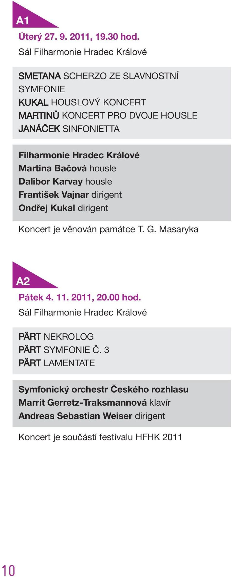 Králové Martina Bačová housle Dalibor Karvay housle František Vajnar dirigent Ondřej Kukal dirigent Koncert je věnován památce T. G.