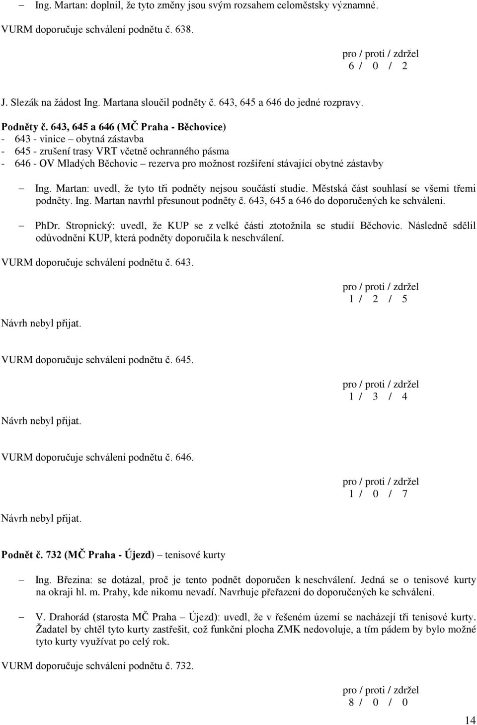 643, 645 a 646 (MČ Praha - Běchovice) - 643 - vinice obytná zástavba - 645 - zrušení trasy VRT včetně ochranného pásma - 646 - OV Mladých Běchovic rezerva pro možnost rozšíření stávající obytné