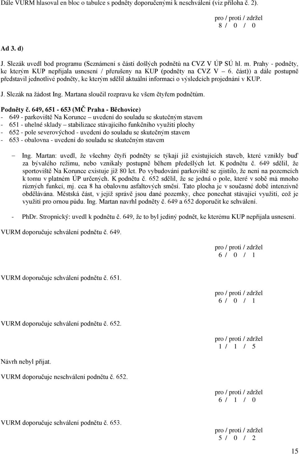 část)) a dále postupně představil jednotlivé podněty, ke kterým sdělil aktuální informaci o výsledcích projednání v KUP. J. Slezák na žádost Ing. Martana sloučil rozpravu ke všem čtyřem podnětům.