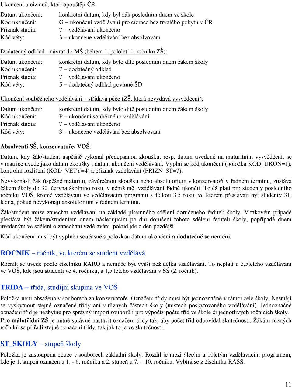 ročníku ZŠ): Datum ukončení: Kód ukončení: Příznak studia: Kód věty: konkrétní datum, kdy bylo dítě posledním dnem žákem školy 7 dodatečný odklad 7 vzdělávání ukončeno 5 dodatečný odklad povinné ŠD