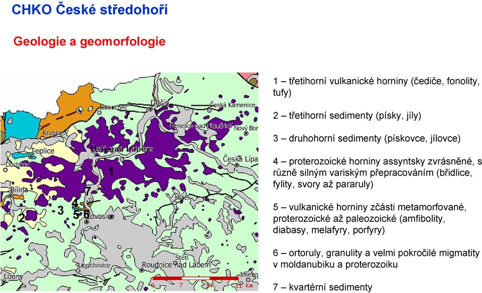 přepracováním (břidlice, fylity, svory až pararuly) 5 vulkanické horniny zčásti metamorfované, proterozoické až paleozoické