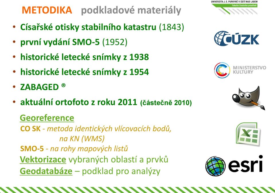 ortofoto z roku 2011 (částečně 2010) Georeference CO SK - metoda identických vlícovacích bodů, na