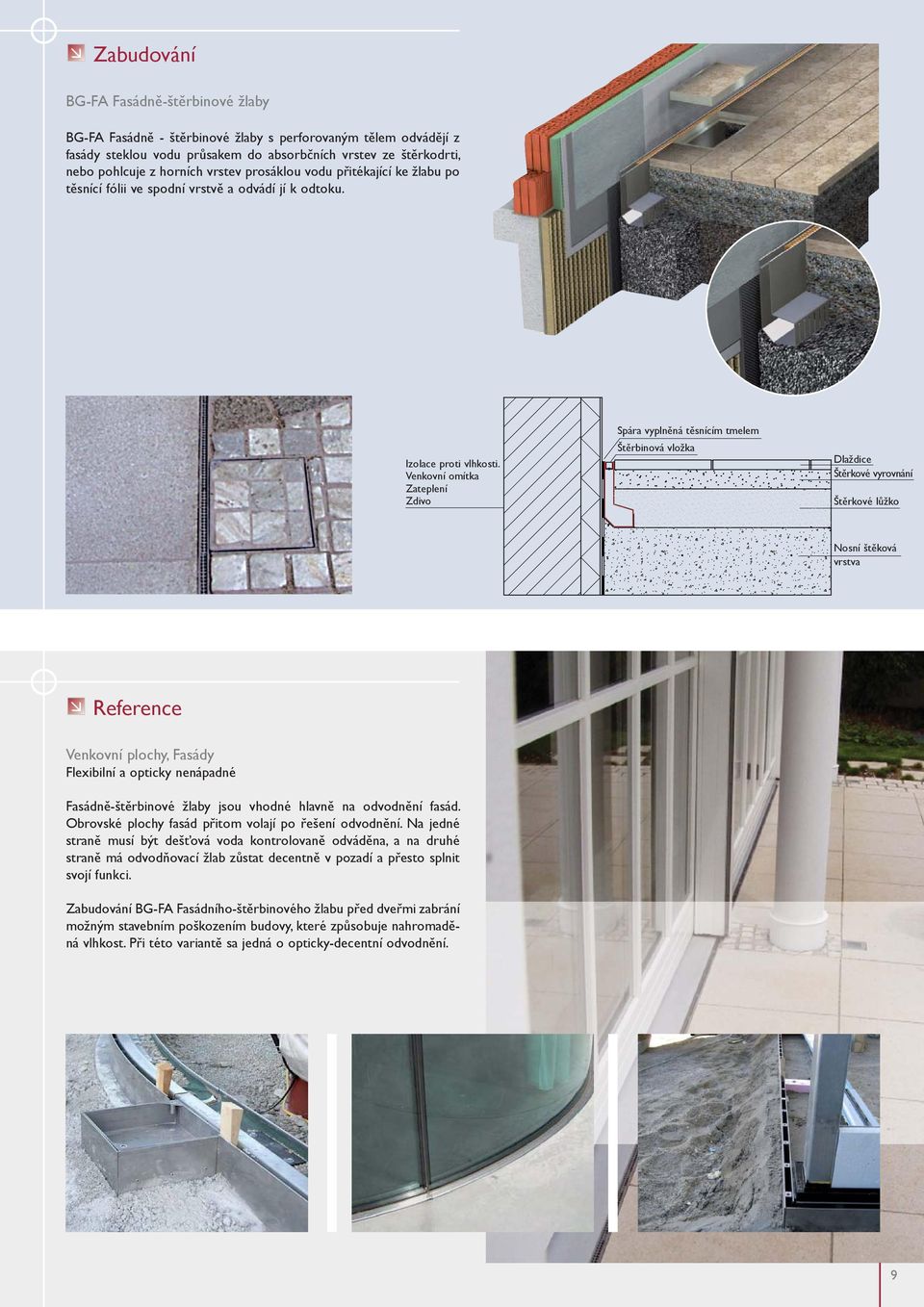 Venkovní omítka Zateplení Zdivo Spára vyplněná těsnícím tmelem Štěrbinová vložka Dlaždice Štěrkové vyrovnání Štěrkové lůžko Nosní štěková vrstva Reference Venkovní plochy, Fasády Flexibilní a opticky