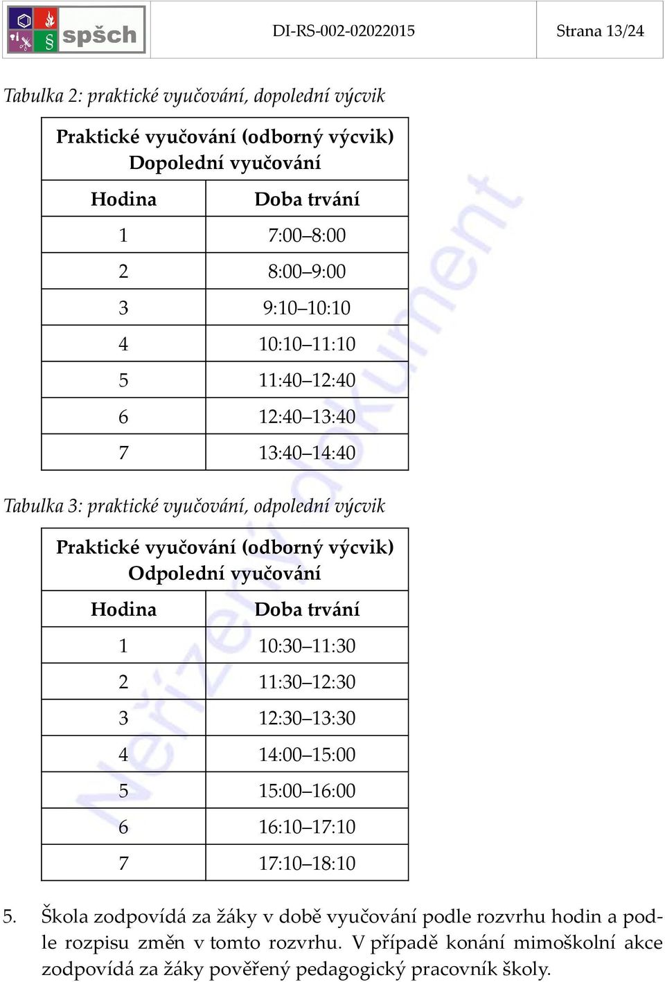 výcvik) Odpolední vyučování Hodina Doba trvání 1 10:30 11:30 2 11:30 12:30 3 12:30 13:30 4 14:00 15:00 5 15:00 16:00 6 16:10 17:10 7 17:10 18:10 5.