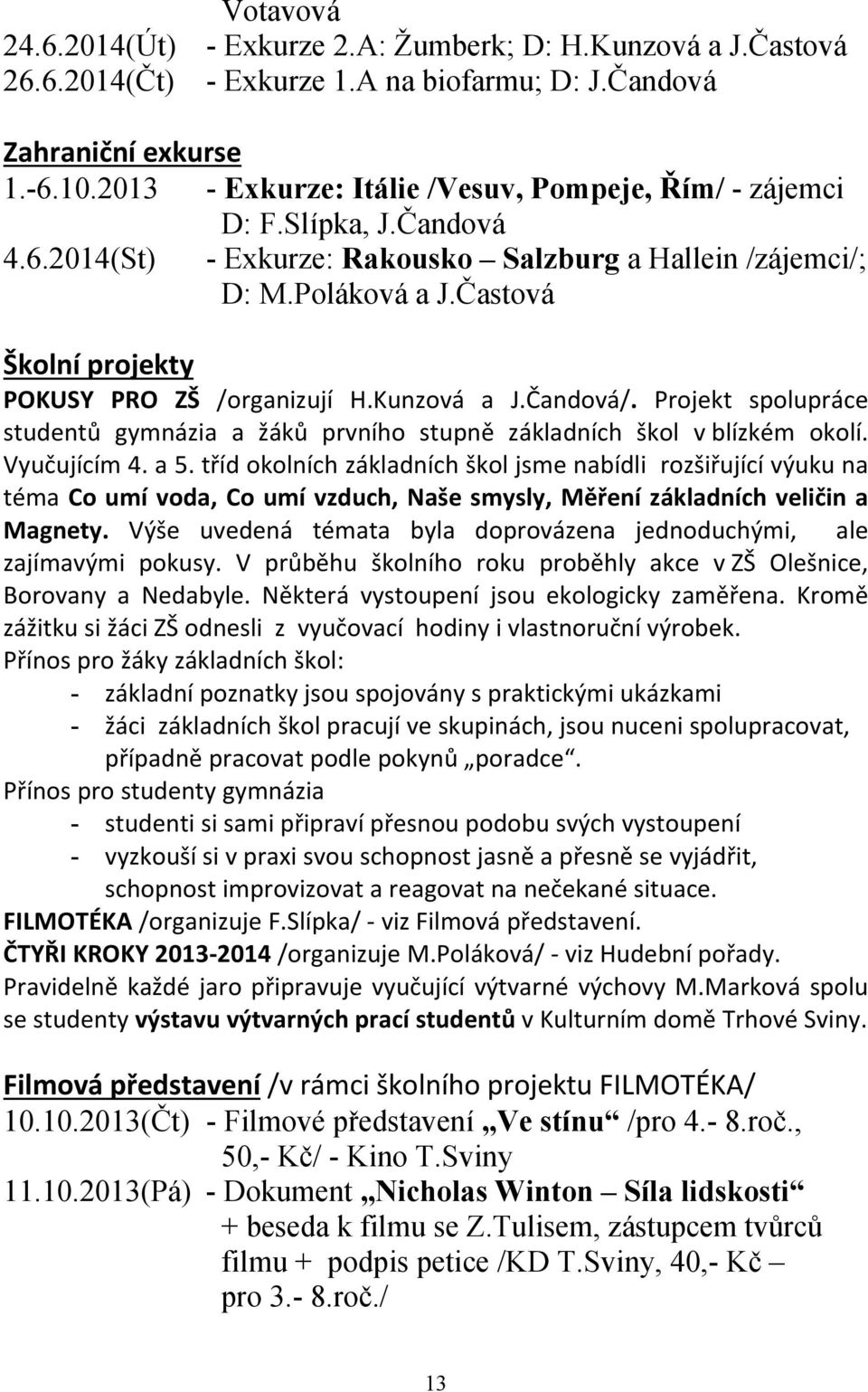 Častová Školní projekty POKUSY PRO ZŠ /organizují H.Kunzová a J.Čandová/. Projekt spolupráce studentů gymnázia a žáků prvního stupně základních škol v blízkém okolí. Vyučujícím 4. a 5.