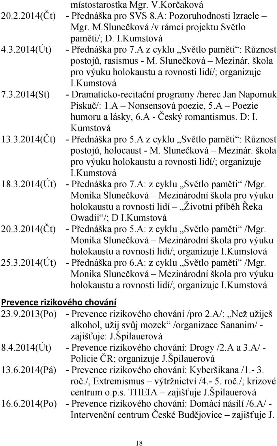 2014(St) - Dramaticko-recitační programy /herec Jan Napomuk Piskač/: 1.A Nonsensová poezie, 5.A Poezie humoru a lásky, 6.A - Český romantismus. D: I. Kumstová 13.3.2014(Čt) - Přednáška pro 5.