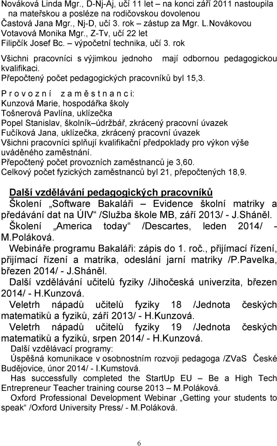 P r o v o z n í z a m ě s t n a n c i: Kunzová Marie, hospodářka školy Tošnerová Pavlína, uklízečka Popel Stanislav, školník údržbář, zkrácený pracovní úvazek Fučíková Jana, uklízečka, zkrácený