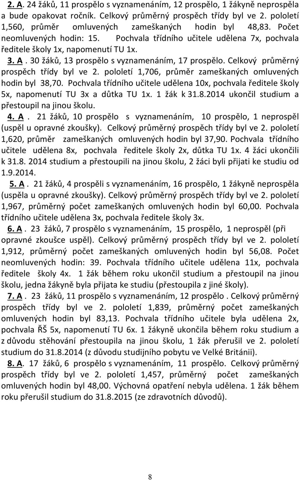 30 žáků, 13 prospělo s vyznamenáním, 17 prospělo. Celkový průměrný prospěch třídy byl ve 2. pololetí 1,706, průměr zameškaných omluvených hodin byl 38,70.