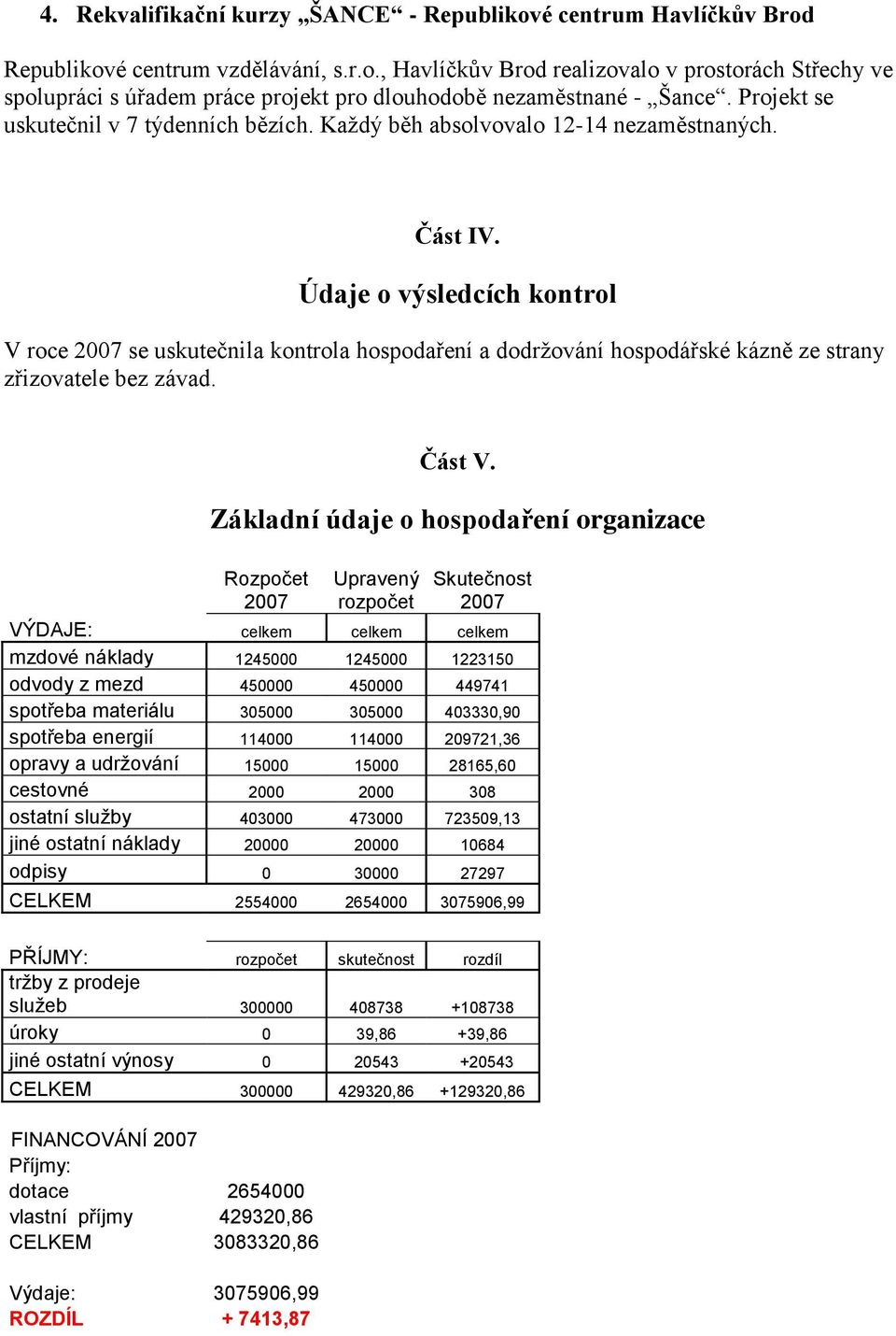 Údaje o výsledcích kontrol V roce 007 se uskutečnila kontrola hospodaření a dodrţování hospodářské kázně ze strany zřizovatele bez závad. Část V.