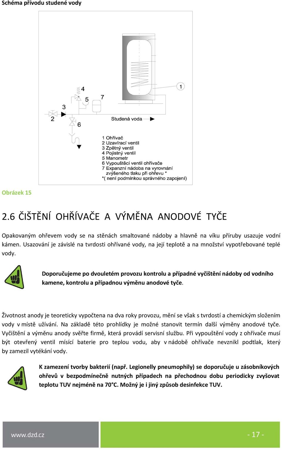 Doporučujeme po dvouletém provozu kontrolu a případné vyčištění nádoby od vodního kamene, kontrolu a případnou výměnu anodové tyče.