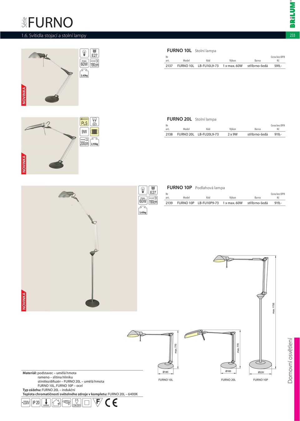 Model Kód Výkon Barva 2138 FURNO 20L LB-FU20L9-73 2 x 9W stříbrno-šedá 919,- FURNO 10P Podlahová lampa art.