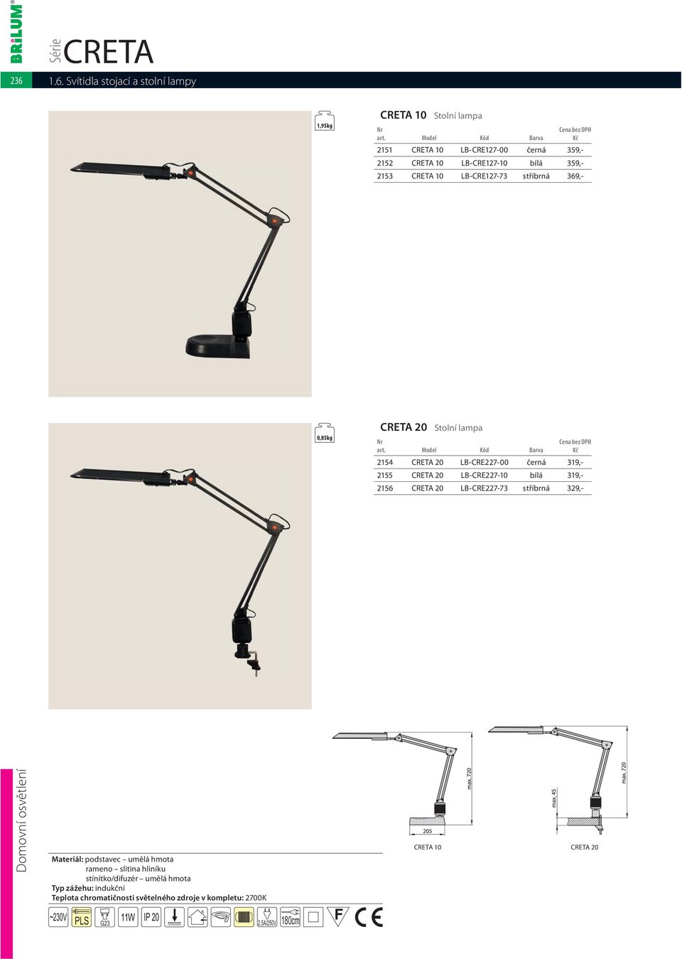 LB-CRE227-10 bílá 319,- 2156 CRETA 20 LB-CRE227-73 stříbrná 329,- Materiál: podstavec umělá hmota rameno slitina hliníku