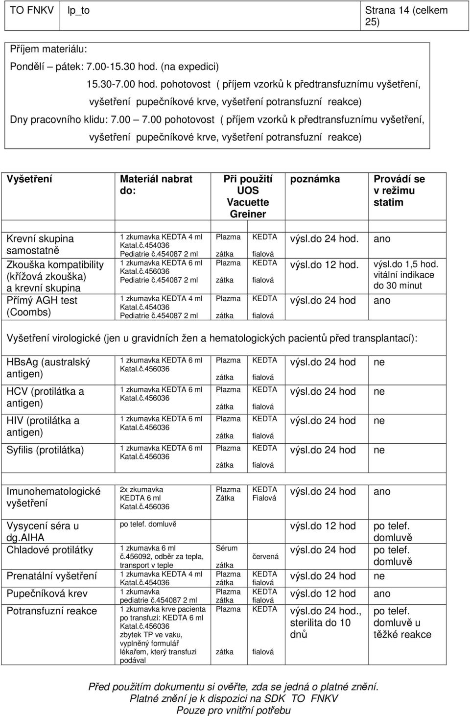 00 pohotovost ( příjem vzorků k předtransfuznímu vyšetření, vyšetření pupečníkové krve, vyšetření potransfuzní reakce) Vyšetření Materiál nabrat do: Při použití UOS Vacuette Greiner poznámka Provádí