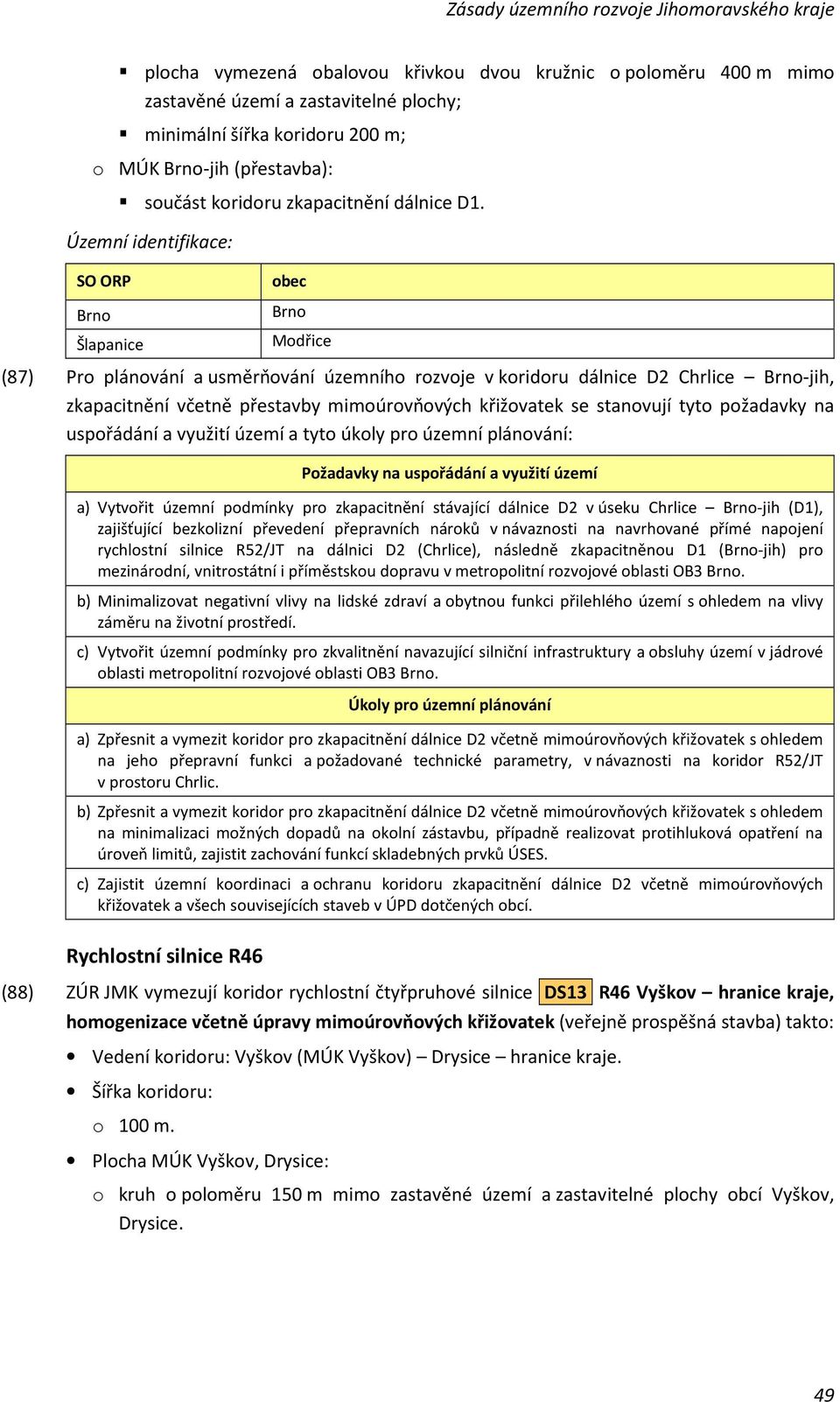 Modřice (87) Pro plánování a usměrňování územního rozvoje v koridoru dálnice D2 Chrlice -jih, zkapacitnění včetně přestavby mimoúrovňových křižovatek se stanovují tyto požadavky na uspořádání a