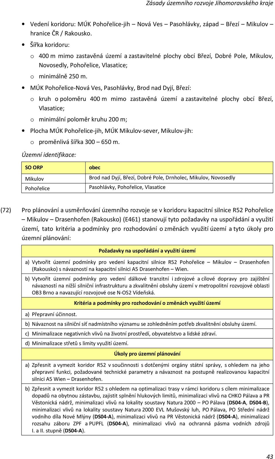 MÚK Pohořelice-Nová Ves, Pasohlávky, Brod nad Dyjí, Březí: o kruh o poloměru 400 m mimo zastavěná území a zastavitelné plochy obcí Březí, Vlasatice; o minimální poloměr kruhu 200 m; Plocha MÚK