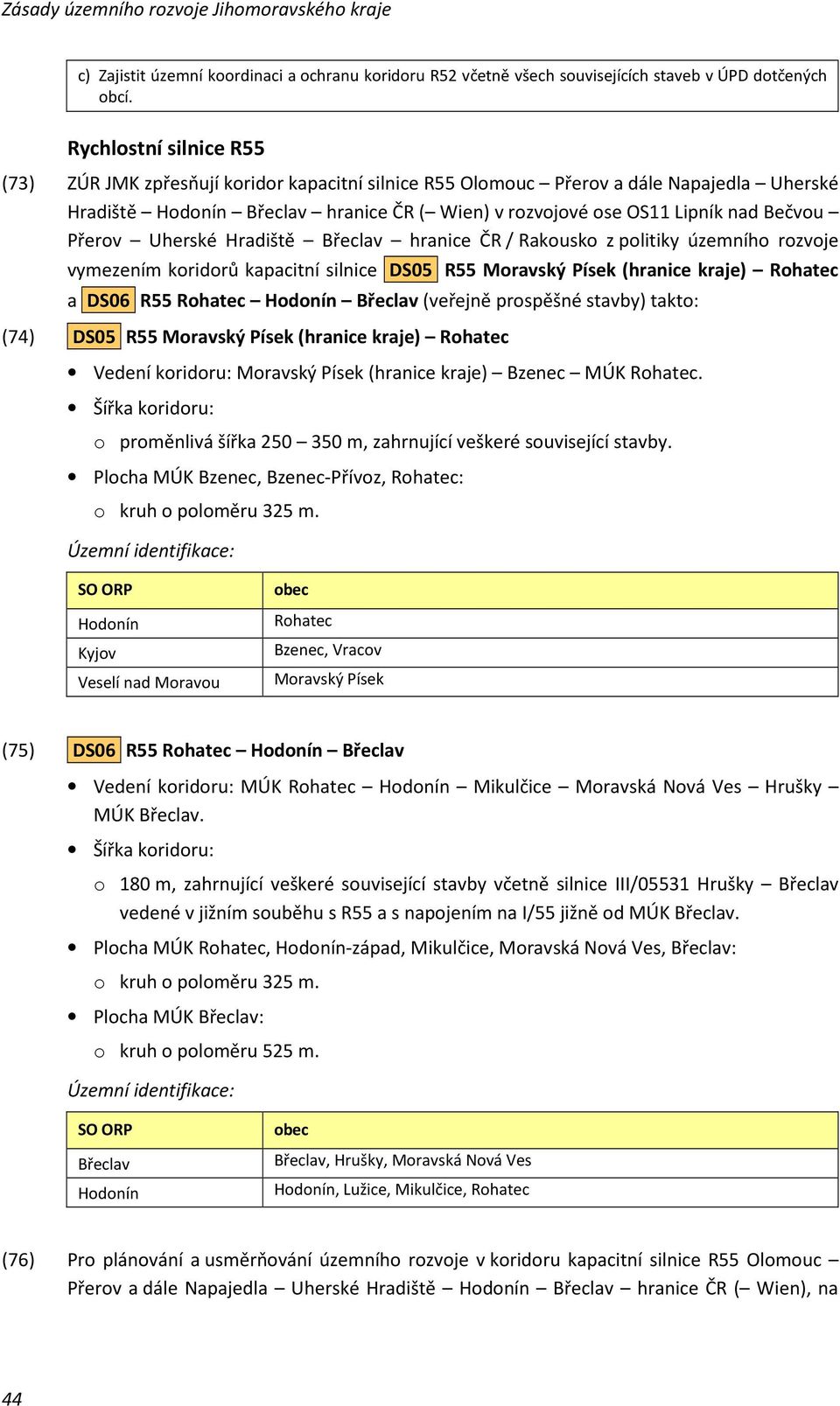 Přerov Uherské Hradiště Břeclav hranice ČR / Rakousko z politiky územního rozvoje vymezením koridorů kapacitní silnice DS05 R55 Moravský Písek (hranice kraje) Rohatec a DS06 R55 Rohatec Hodonín