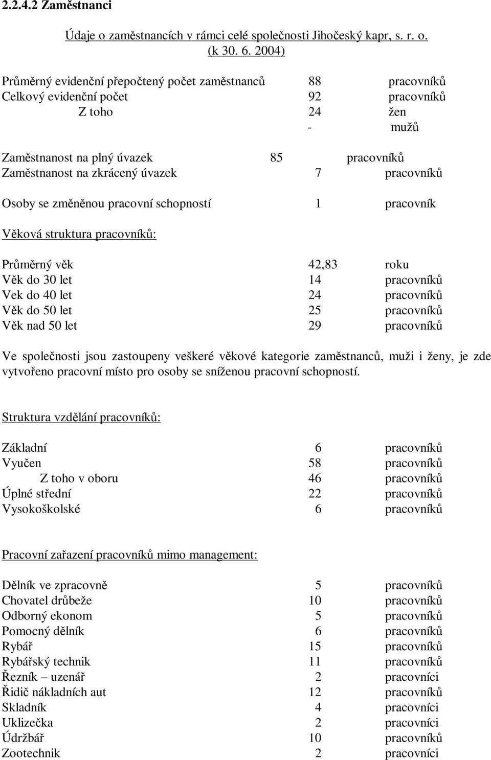 úvazek 7 pracovníků Osoby se změněnou pracovní schopností 1 pracovník Věková struktura pracovníků: Průměrný věk 42,83 roku Věk do 30 let 14 pracovníků Vek do 40 let 24 pracovníků Věk do 50 let 25