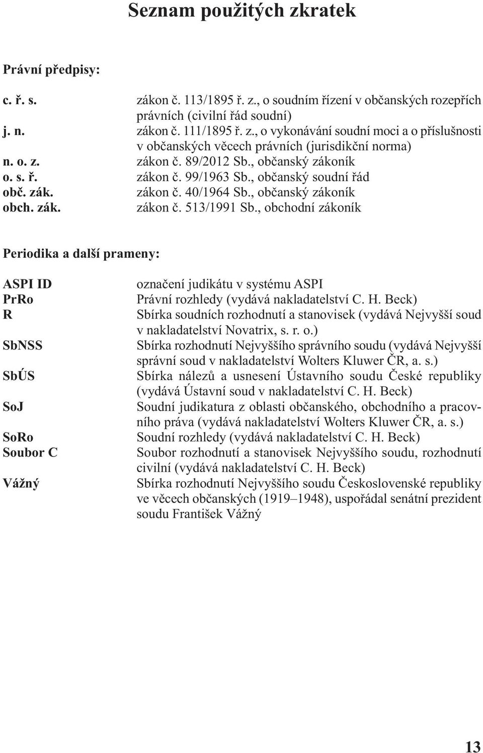 , obchodní zákoník Periodika a další prameny: ASPI ID PrRo R SbNSS SbÚS SoJ SoRo Soubor C Vážný označení judikátu v systému ASPI Právní rozhledy (vydává nakladatelství C. H.