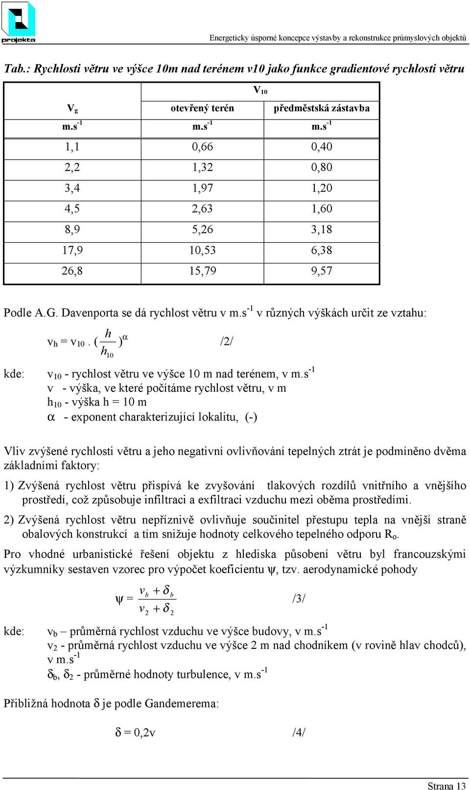 s -1 v různých výškách určit ze vztahu: v h = v 10. ( h ) α h 10 kde: v 10 - rychlost větru ve výšce 10 m nad terénem, v m.