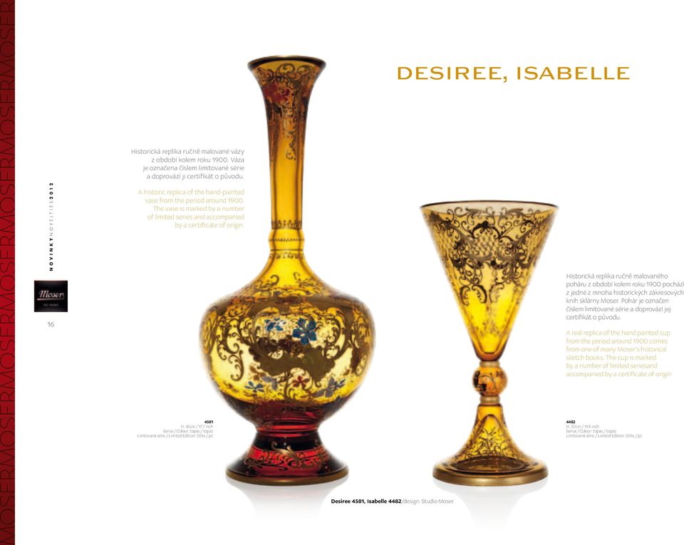7 inch Barva / Colour: topas / topaz Limitovaná série / Limited Edition: 50 ks / pc Desiree 4581, Isabelle 4482/design: Studio Moser desiree, isabelle Historická replika ručně malovaného poháru z