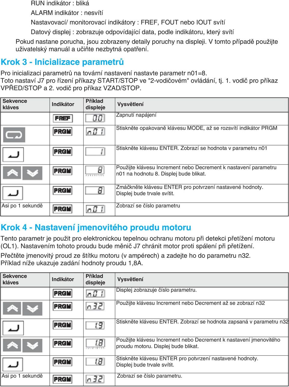 Krok 3 - Inicializace parametrů Pro inicializaci parametrů na tovární nastavení nastavte parametr n01=8. Toto nastaví J7 pro řízení příkazy START/STOP ve "2-vodičovém" ovládání, tj. 1.