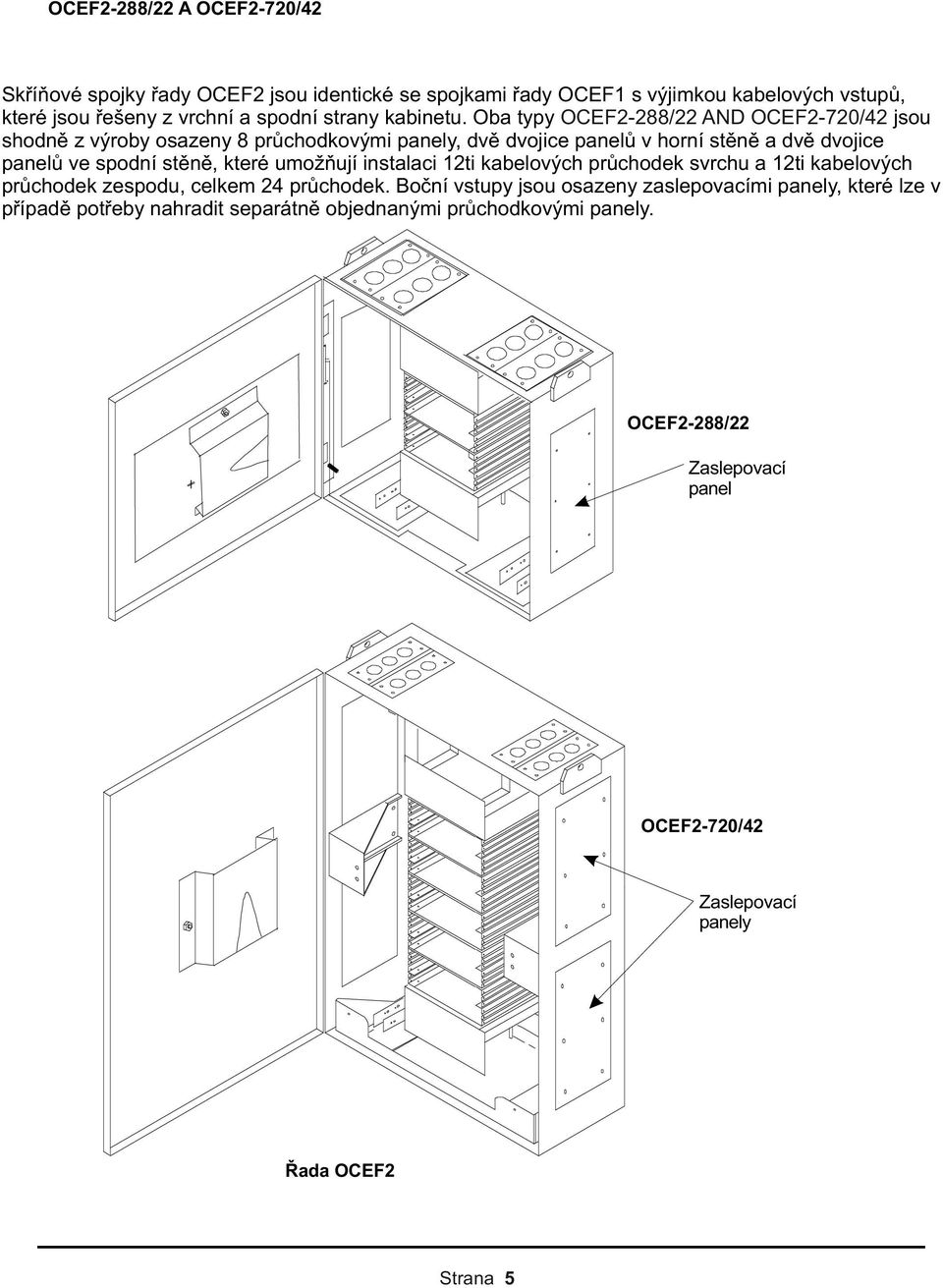 Oba typy OCEF2-288/22 AND OCEF2-720/42 jsou shodně z výroby osazeny 8 průchodkovými panely, dvě dvojice panelů v horní stěně a dvě dvojice panelů ve spodní stěně,