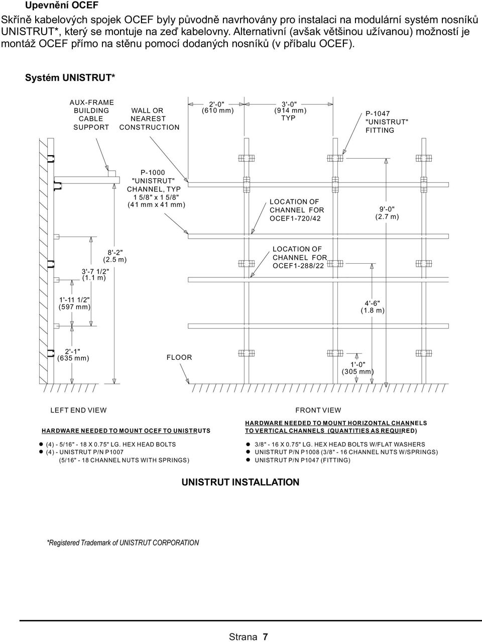 Systém UNISTRUT* AUX-FRAME BUILDING WALL OR CABLE NEAREST SUPPORT CONSTRUCTION 2'-0" (610 mm) 3'-0" (914 mm) TYP P-1000 "UNISTRUT" CHANNEL, TYP 1 5/8" x 1 5/8" (41 mm x 41 mm) LOC ATION OF CHANNEL