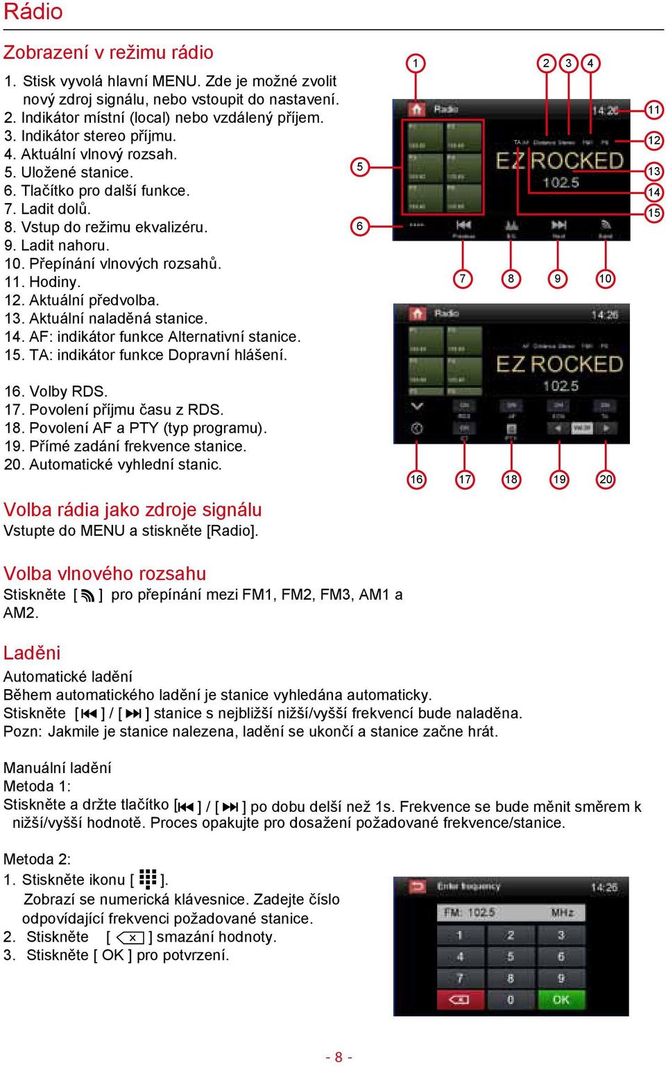 Hodiny. 12. Aktuální předvolba. 13. Aktuální naladěná stanice. 14. AF: indikátor funkce Alternativní stanice. 15. TA: indikátor funkce Dopravní hlášení. 5 6 1 2 3 4 TA 7 8 9 10 11 12 13 14 15 16.