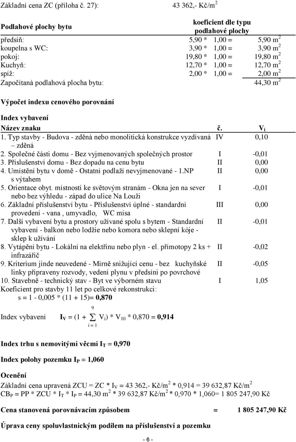 1,00 = 12,70 m 2 spíž: 2,00 * 1,00 = 2,00 m 2 Započítaná podlahová plocha bytu: 44,30 m 2 Výpočet indexu cenového porovnání Index vybavení Název znaku č. V i 1.