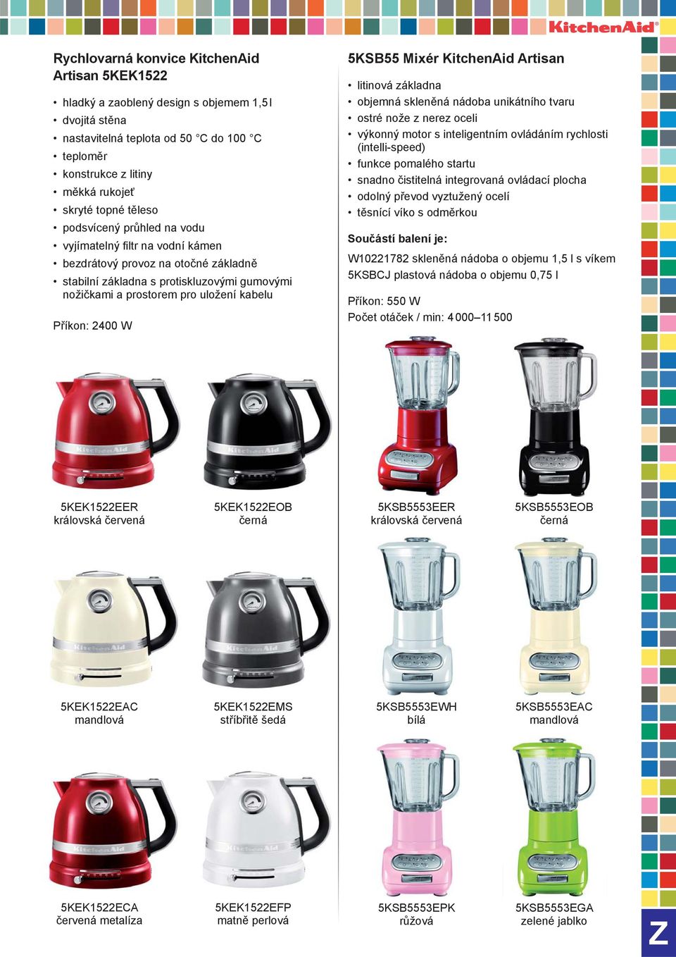 2400 W 5KSB55 Mixér KitchenAid Artisan litinová základna objemná skleněná nádoba unikátního tvaru ostré nože z nerez oceli výkonný motor s inteligentním ovládáním rychlosti (intelli-speed) funkce