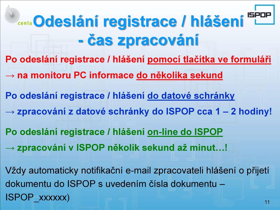 ISPOP cca 1 2 hodiny! Po odeslání registrace / hlášení on-line do ISPOP zpracování v ISPOP několik sekund až minut!