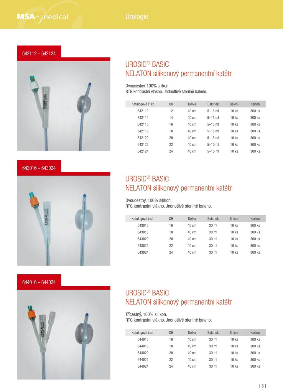 cm 5 15 ml 10 ks 300 ks 642124 24 40 cm 5 15 ml 10 ks 300 ks 643016 643024 UROSID BASIC NELATON silikonový permanentní katétr. Dvoucestný, 100% silikon. RTG kontrastní vlákno.