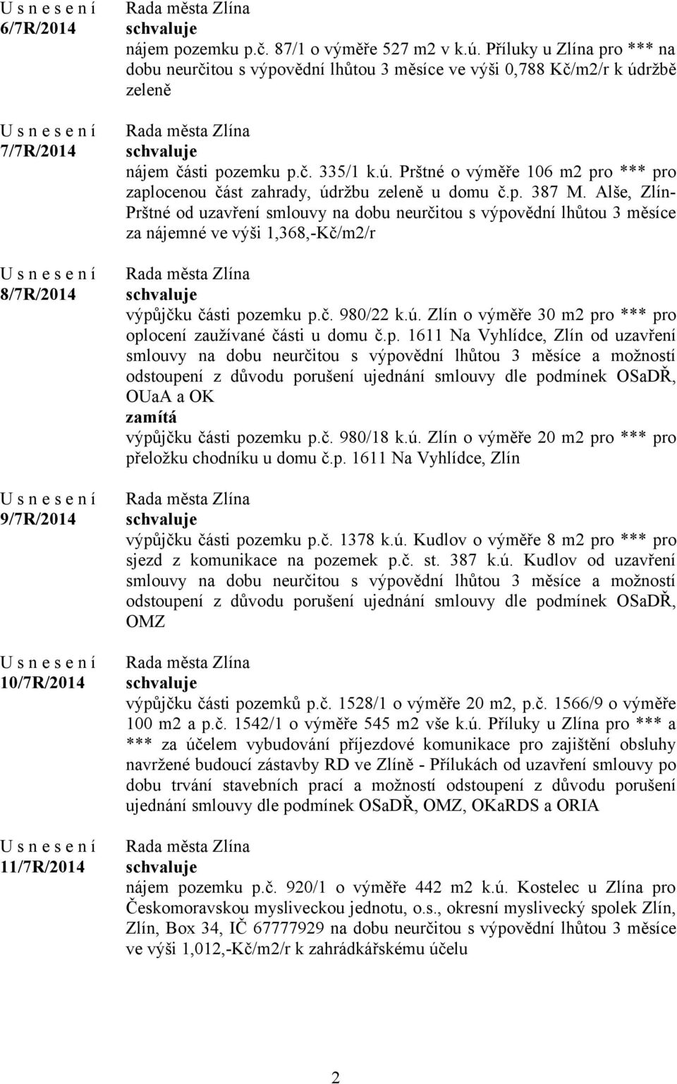 p. 387 M. Alše, Zlín- Prštné od uzavření smlouvy na dobu neurčitou s výpovědní lhůtou 3 měsíce za nájemné ve výši 1,368,-Kč/m2/r výpůjčku části pozemku p.č. 980/22 k.ú.