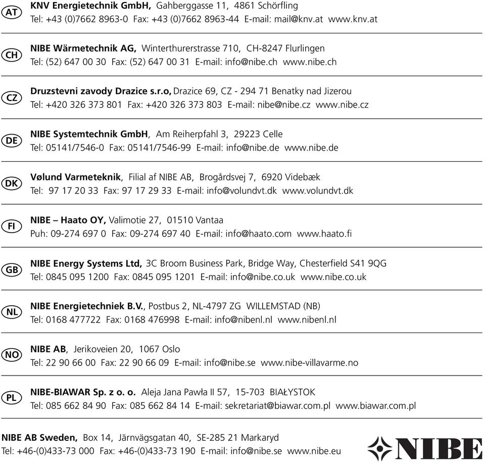 cz www.nibe.cz DE NIBE Systemtechnik GmbH, Am Reiherpfahl 3, 29223 Celle Tel: 05141/546-0 Fax: 05141/546-99 E-mail: info@nibe.de www.nibe.de DK Vølund Varmeteknik, Filial af NIBE AB, Brogårdsvej, 6920 Videbæk Tel: 9 1 20 33 Fax: 9 1 29 33 E-mail: info@volundvt.