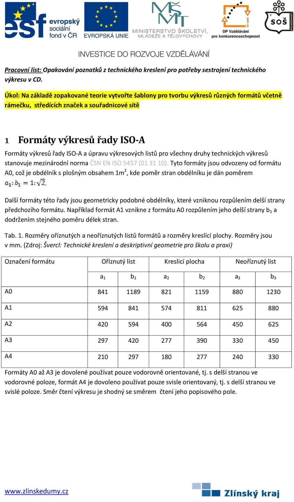 úpravu výkresových listů pro všechny druhy technických výkresů stanovuje mezinárodní norma ČSN EN ISO 5457 (01 31 10).