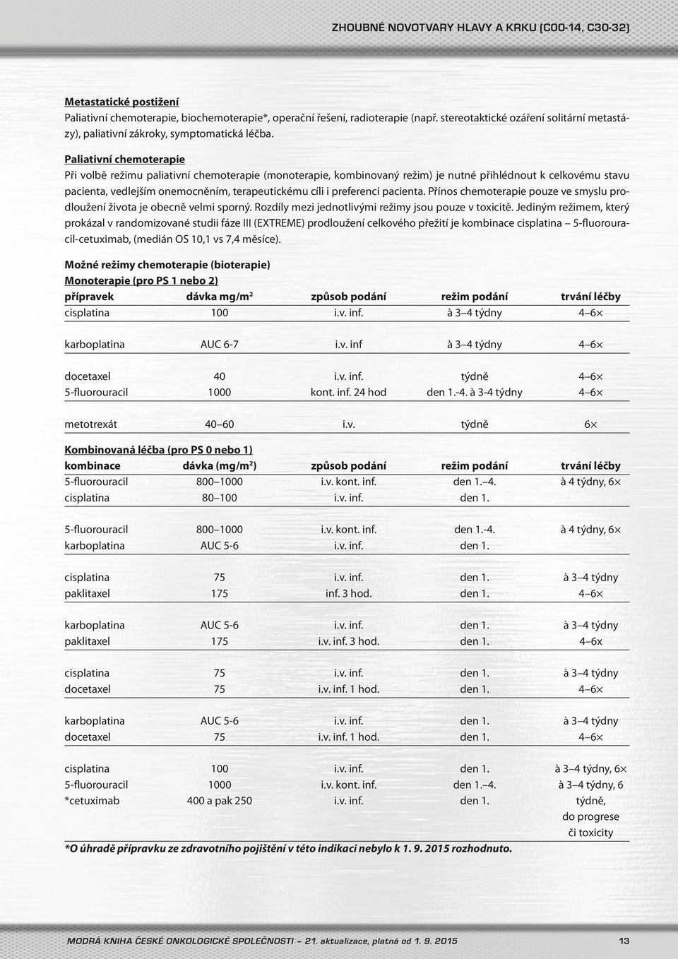 Paliativní chemoterapie Při volbě režimu paliativní chemoterapie (monoterapie, kombinovaný režim) je nutné přihlédnout k celkovému stavu pacienta, vedlejším onemocněním, terapeutickému cíli i