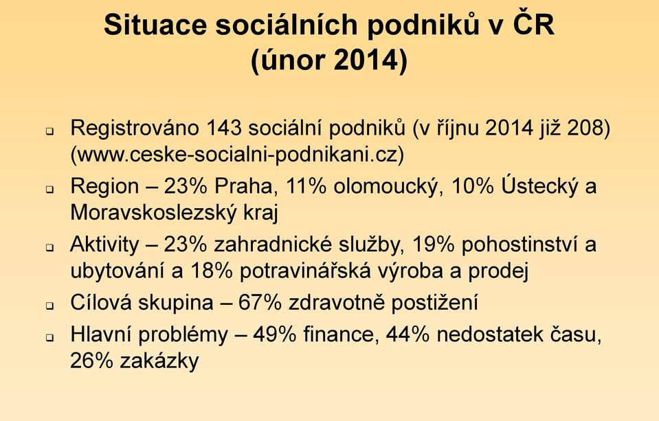 cz) Region 23% Praha, 11% olomoucký, 10% Ústecký a Moravskoslezský kraj Aktivity 23% zahradnické