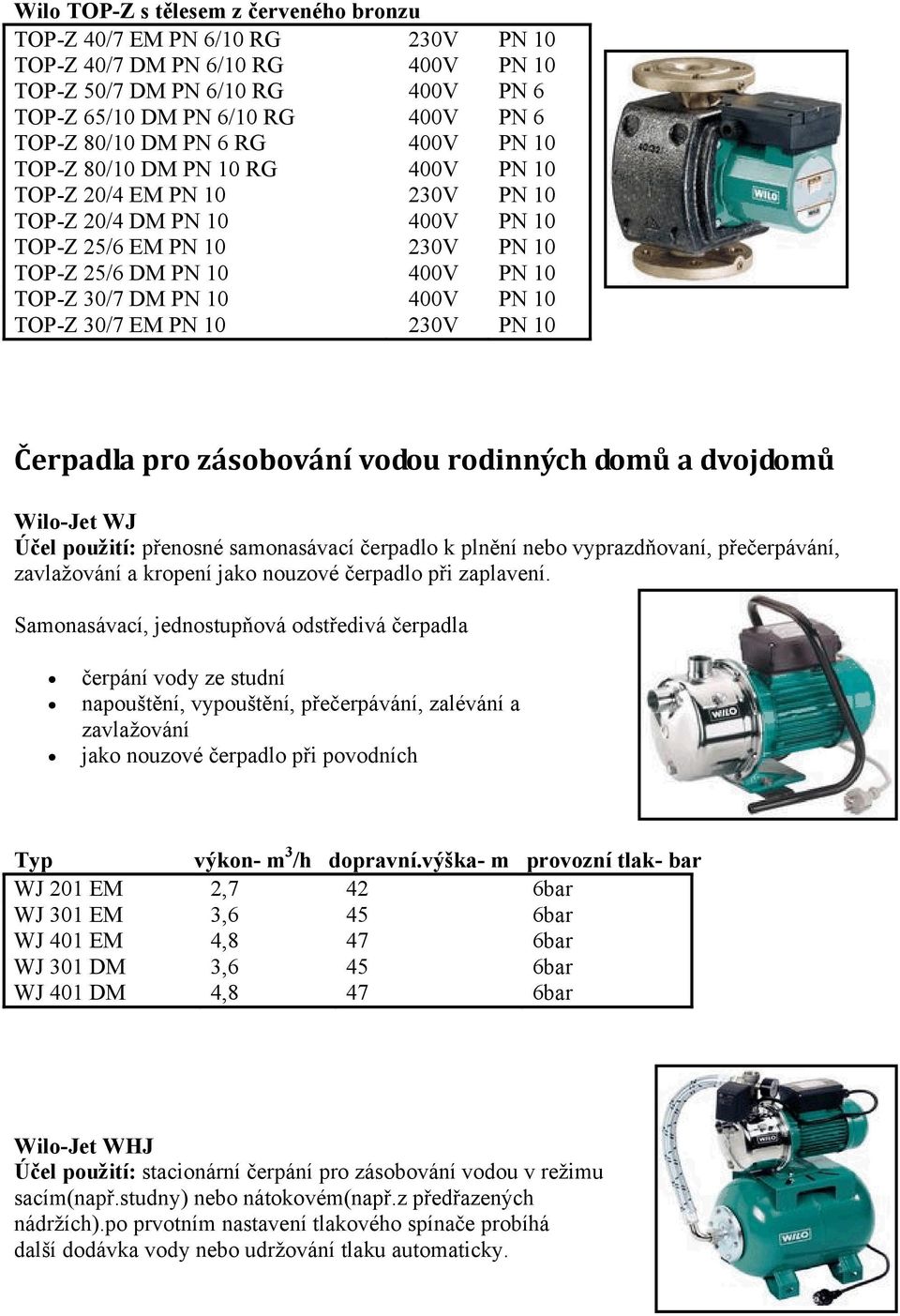 400V PN 10 TOP-Z 30/7 EM PN 10 230V PN 10 Čerpadla pro zásobování vodou rodinných domů a dvojdomů Wilo-Jet WJ Účel použití: přenosné samonasávací čerpadlo k plnění nebo vyprazdňovaní, přečerpávání,