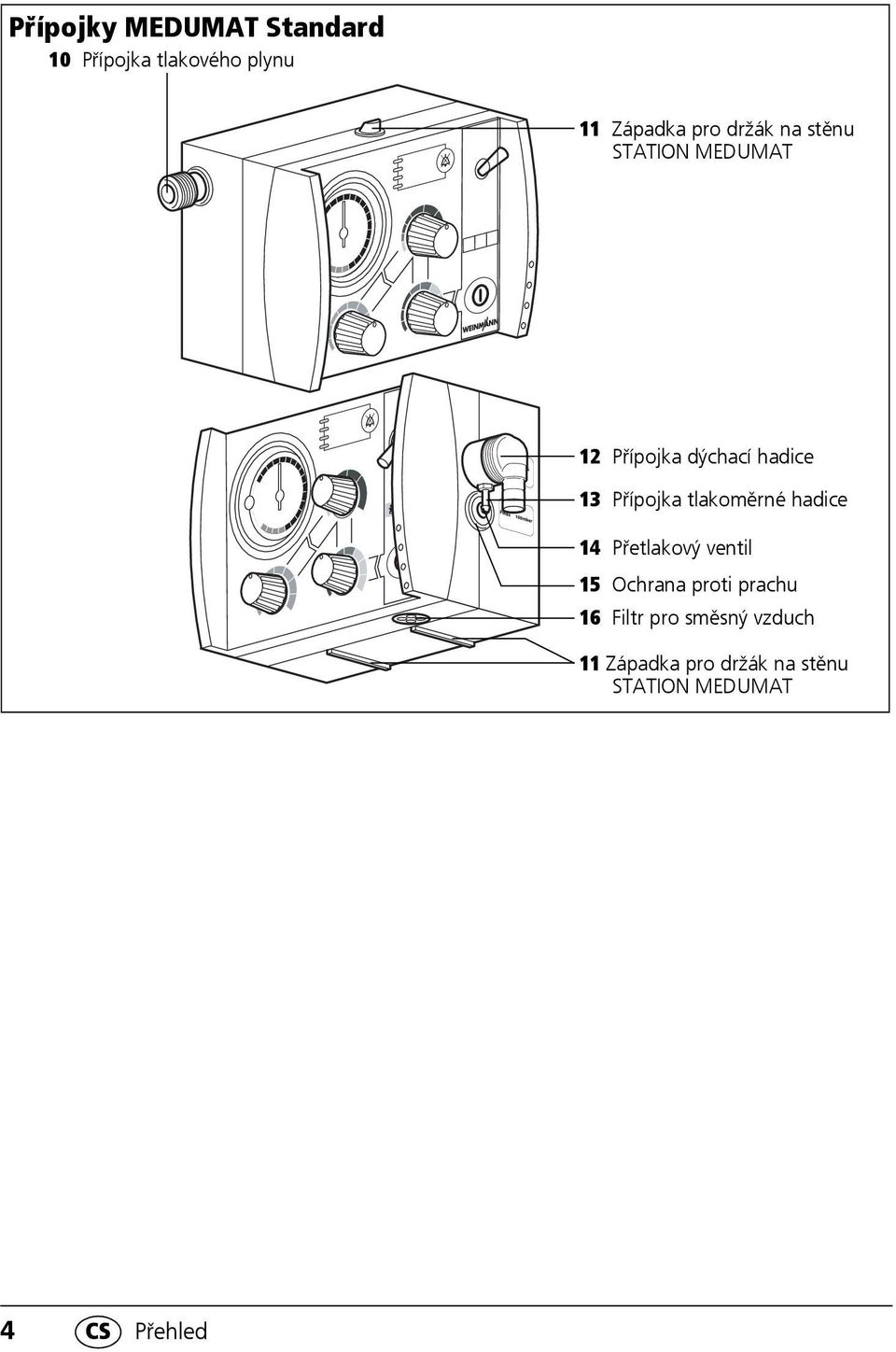 tlakoměrné hadice I 14 Přetlakový ventil 15 Ochrana proti prachu 16