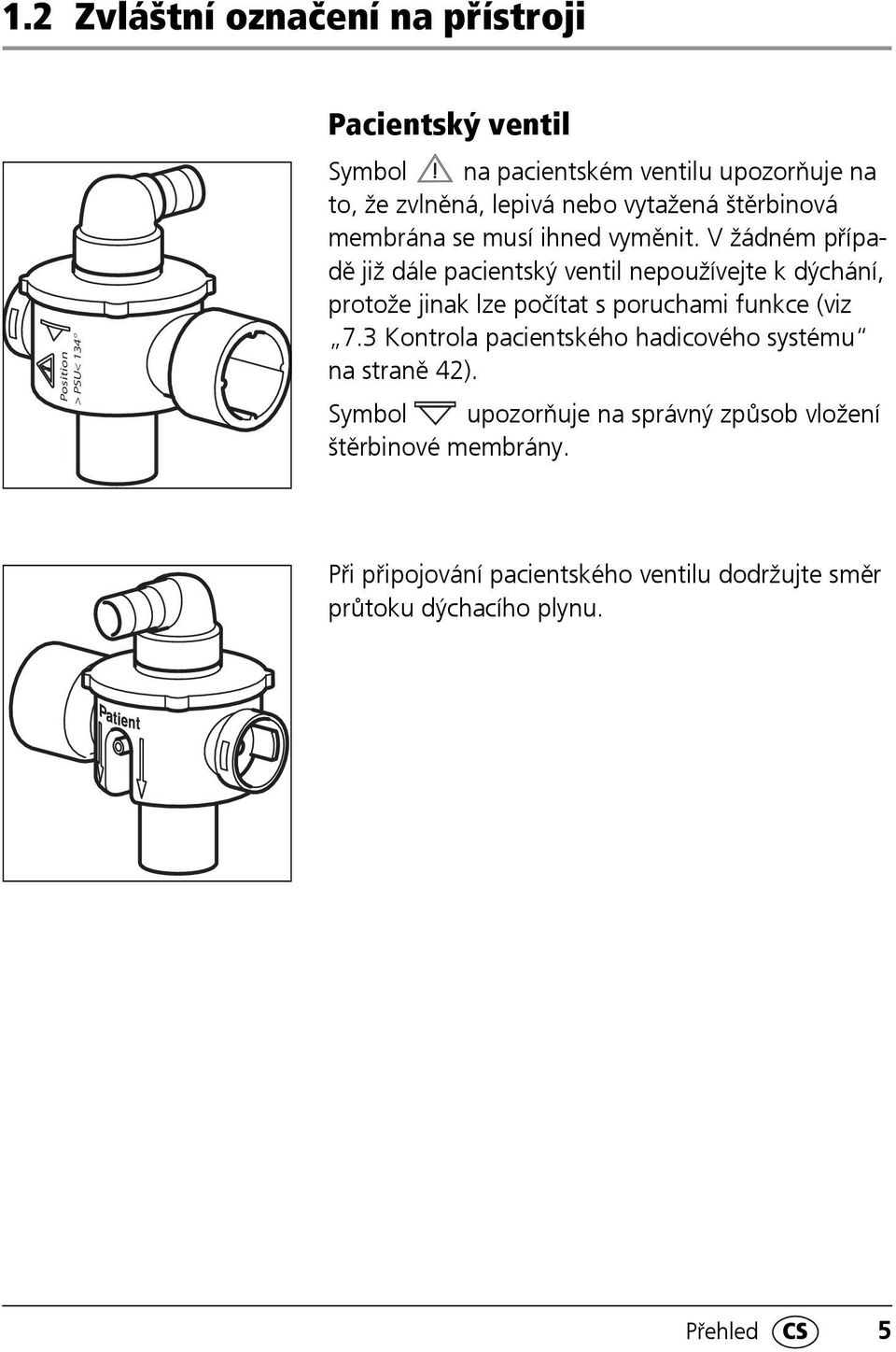 V žádném případě již dále pacientský ventil nepoužívejte k dýchání, protože jinak lze počítat s poruchami funkce (viz 7.