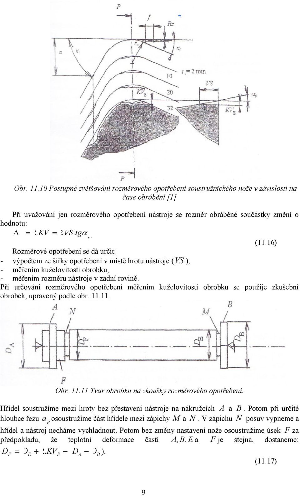 KV 2. VS. tg. (11.16) Rozměrové ootřebení se dá určit: - výočtem ze šířky ootřebení v místě hrotu nástroje (VS ), - měřením kuţelovitosti obrobku, - měřením rozměru nástroje v zadní rovině.