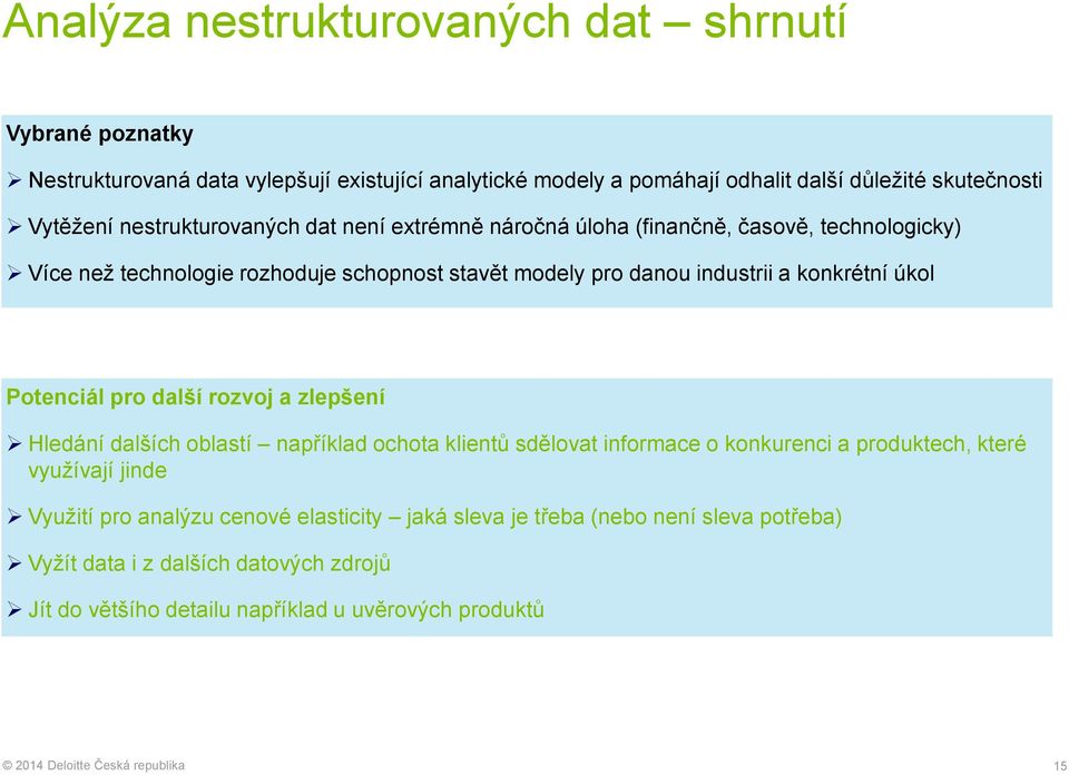 Potenciál pro další rozvoj a zlepšení Hledání dalších oblastí například ochota klientů sdělovat informace o konkurenci a produktech, které využívají jinde Využití pro analýzu