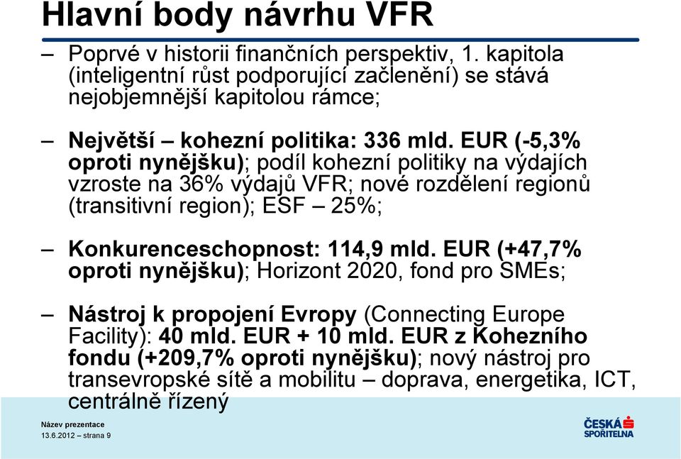 EUR (-5,3% oproti nynějšku); podíl kohezní politiky na výdajích vzroste na 36% výdajů VFR; nové rozdělení regionů (transitivní region); ESF 25%; Konkurenceschopnost: