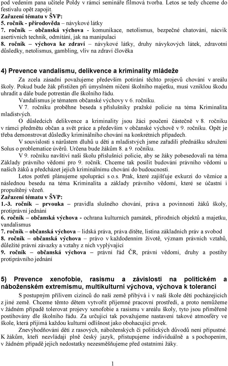 ročník výchova ke zdraví návykové látky, druhy návykových látek, zdravotní důsledky, netolismus, gambling, vliv na zdraví člověka 4) Prevence vandalismu, delikvence a kriminality mládeže Za zcela