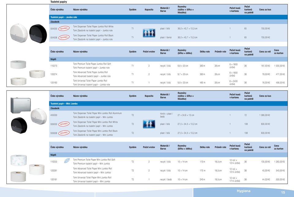 750,00 Kč Číslo výrobku Název výrobku Systém vrstev Náplň 0273 20274 2060 Tork Premium Toilet Paper Jumbo Roll Soft Tork Premium toaletní papír Jumbo role Tork Advanced Toilet Paper Jumbo Roll Tork