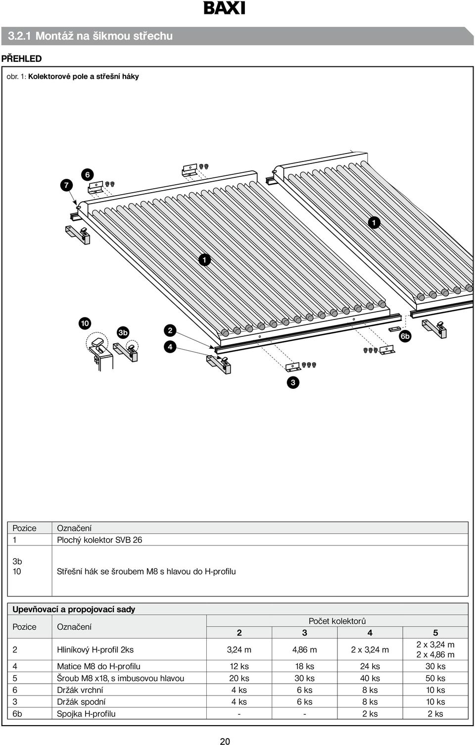 hlavou do H-profilu Upevňovací a propojovací sady Pozice Označení Počet kolektorů 2 3 4 5 2 Hliníkový H-profil 2ks 3,24 m 4,86 m 2 x 3,24