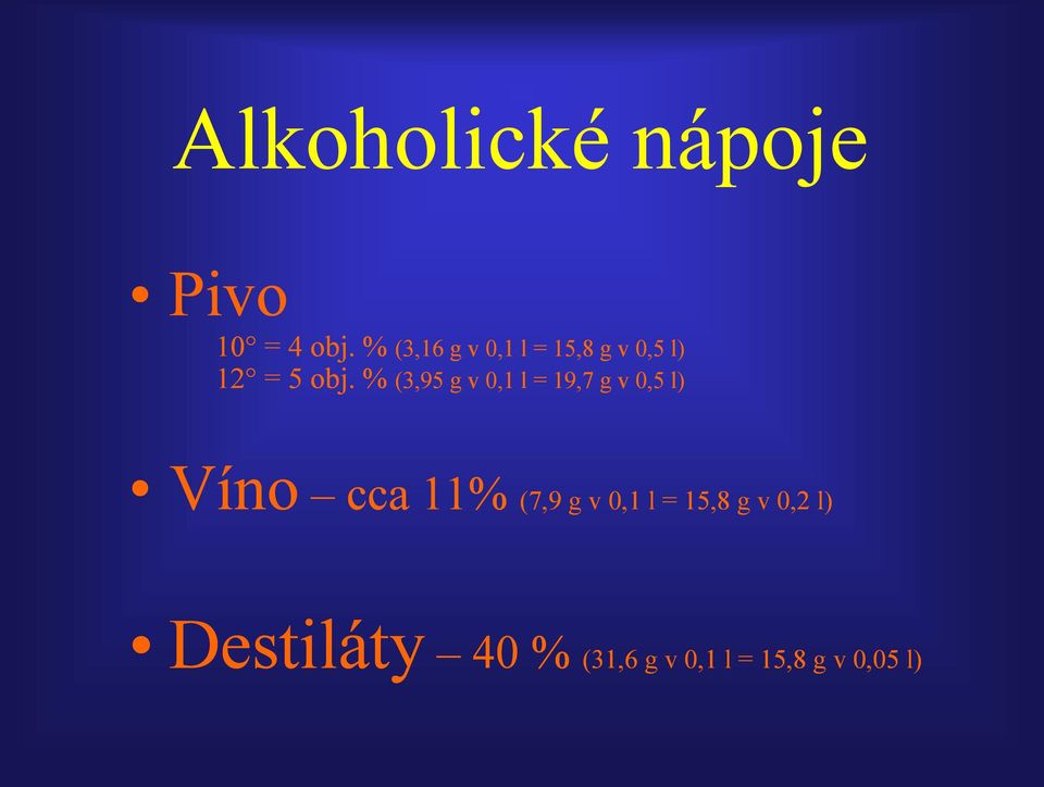 % (3,95 g v 0,1 l = 19,7 g v 0,5 l) Víno cca 11% (7,9